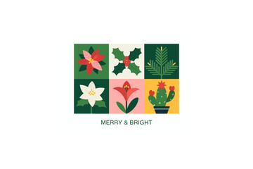 Merry and bright festive floral greeting illustration, seasonal holiday decoration vector, cheerful Christmas design, colorful winter flowers art, celebration graphics