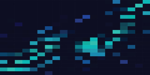 Abstract graphic design with pixelated teal and blue shapes on a dark background.
