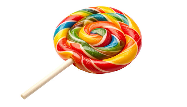 Colorful lollipop with a glossy candy surface and stick, isolated on a clean white background png.