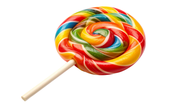 Colorful lollipop with a glossy candy surface and stick, isolated on a clean white background png.