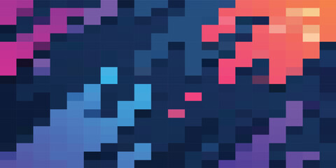 Abstract pixelated background with a dark blue base and colorful gradients forming irregular shapes.