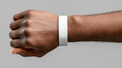 Hand wearing blank white wristband mockup on gray background