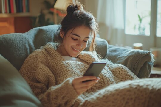 Smiling woman uses smartphone while relaxing on a cozy living room couch, enjoying her leisure time and staying connected, Generative AI