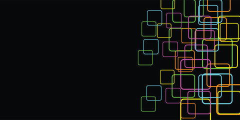 Abstract graphic design with colorful, overlapping, rounded square shapes on black background.