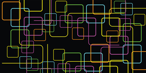 Colorful, interconnected, rounded-square shapes overlaid on a black background.