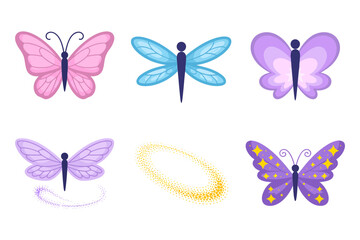 Whimsical butterfly vector illustrations, decorative flying insect design, colorful wings set, fantasy nature graphics, cheerful art style, magical elements