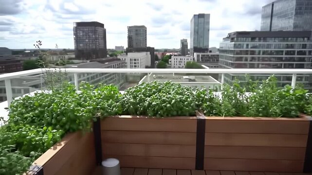 Urban Rooftop Garden with White Hydrangea, Herbs and Lounge Chair Overlooking a City Skyline with a Cloudy Sky in