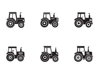 Black Tractor Icon Set on White Background Agricultural Vehicle Illustrations Modern Farm Equipment Graphics Farm Machinery Silhouettes Farming Concept Icons