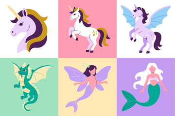 Fantasy unicorn and fairy tale character vector illustrations, dragon and mermaid graphics, whimsical magical art design, colorful decorative elements, mystical style