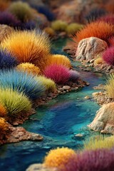 Obraz premium Vibrant Stream, Colorful Flora, Surreal Landscape