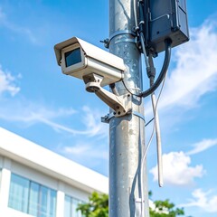 A security camera mounted on a metal utility pole against a clear blue sky with scattered clouds,  captures a wide outdoor perspective.