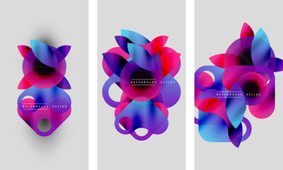 Abstract floral designs, vibrant colors, layered shapes. Modern backgrounds with text elements, soft gradients, dynamic composition.