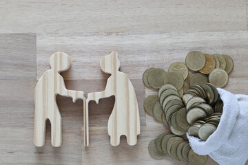 Mutual fund,Love couple senior and stack of coins money on wooden background, Save money for prepare in future and pension retirement concept