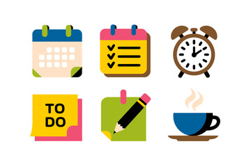 Productivity icons vector illustrations, calendar checklist clock pencil coffee cup graphics, colorful office work elements, organizational planning design set