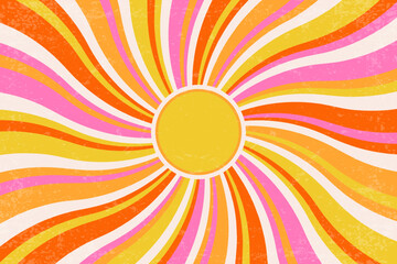 Sun burst retro background with spiral rays. Groovy summer carnival poster with wavy orange stripes. Vector psychedelic vintage grunge illustration. 70s design