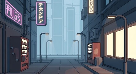 Pixel Art Illustration of a Futuristic Urban Alleyway with Vending Machines and Neon Signs