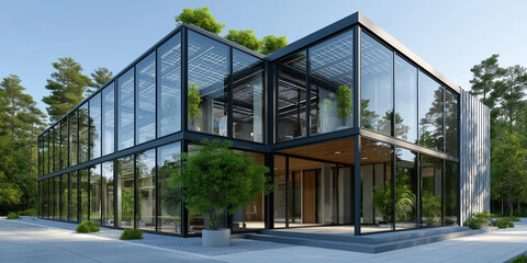 Obraz premium Innovative architectural design of a glass house utilizing solar power and geothermal energy for energy independence suburban area exterior view