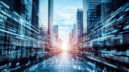 Speeding Digital Data Flow on Road: Cyber Communication, Coding, and futuristic cityscape tall buildings either
