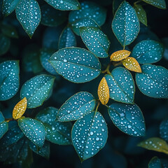Water Droplets on Lush Teal and Yellow Leaves