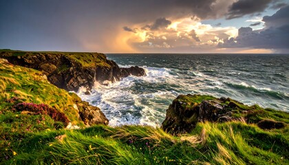 Obraz premium Coastal landscape photography of ocean waves crashing on cliffs with cloudy sky view