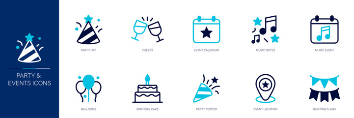 Party and Events Blue Colored Outline Icon Set