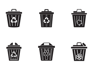 Collection of Black and White Recycle Bin Icons for Waste Management and Environmental Awareness Projects Six Different Styles Presented