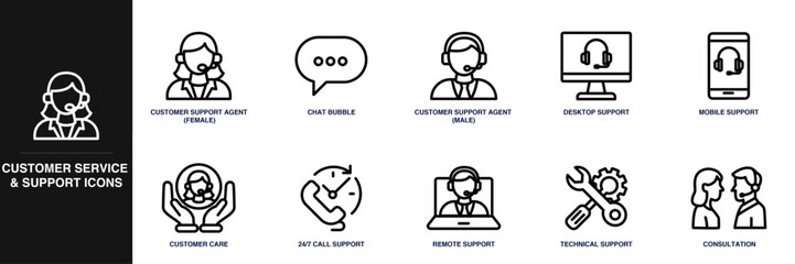 Customer Service and Support Line Icon Set