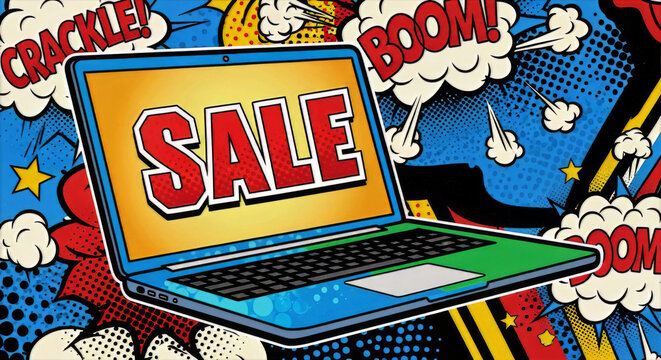 A laptop displaying the word sale against a backdrop of comic book style explosion and sound effects