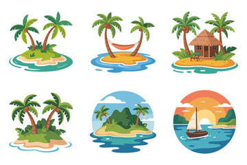 Tropical island vector icons, beach palm tree illustrations, exotic resort huts, summer paradise vacation design, coastal scenery elements set