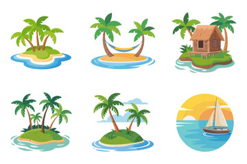 Fototapeta premium Ocean tropical island illustrations, palm tree icons, exotic huts, summer holiday graphics, paradise beach resort vector design set,