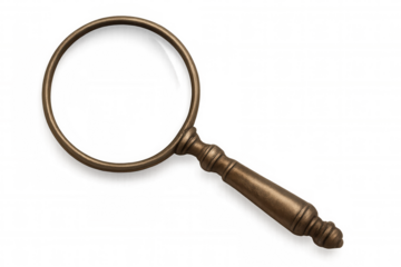 Classic magnifying glass with bronze handle isolated on transparent background, symbolizing investigation, research, and exploration