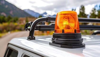 An orange flashing light beacon atop a light gray vehicle rooftop, with mountain scenery in the background.