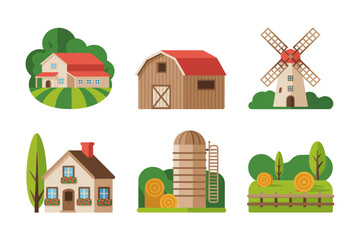Rural farm building vector icons, barn, mill, silo, countryside house, agricultural landscape illustrations, village living lifestyle graphics, © RA Studio