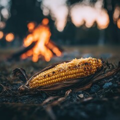 A grilled corn on the cob, topped with cheese, rests on the ground near a warm campfire, bathed in the golden hues of the setting sun.