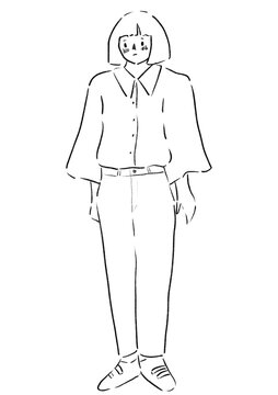 A girl standing with confused expression hand drawn pencil 6b line sketch illustration.