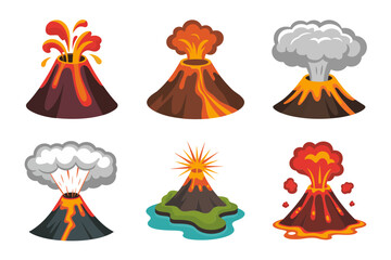 Lava eruption vector illustrations, volcano explosion set, erupting mountain scenes, ash clouds, flowing lava, geology disaster concept graphics