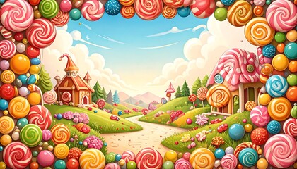 Fototapeta premium A whimsical candy-themed landscape showcases colorful houses and candy-covered hills, framed by a vibrant array of lollipops and sweets, bathed in a bright and cheerful light.