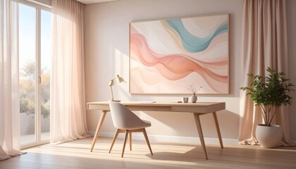 Serene Home Office: Modern Desk, Abstract Art, Natural Light, Minimalist Design.