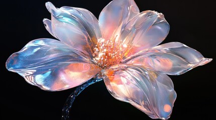 Abstract translucent flower, glowing, on black background.  Possible use Stock photo for nature, design, or digital art