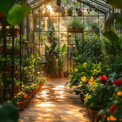 Sunlit Greenhouse Pathway with Lush Greenery and Terracotta Pots