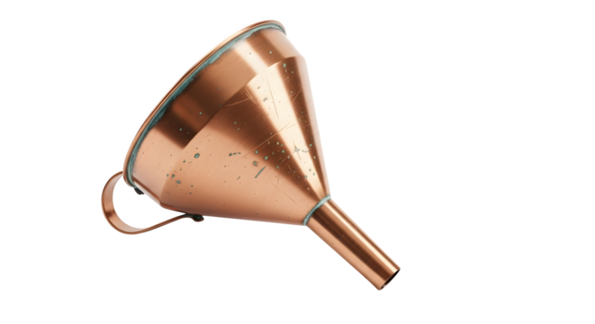 Vintage copper funnel isolated on transparent background, a classic kitchen tool for liquid transfer and pouring with retro charm and rustic appeal
