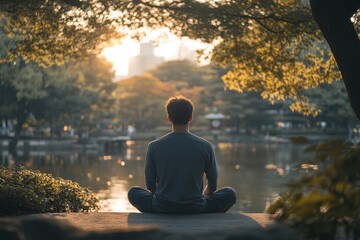 Fototapeta premium Man in contemplation at a serene park setting, reflecting quietly while surrounded by nature, Generative AI