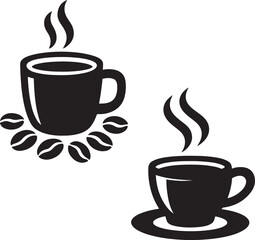 Coffee Cup Silhouettes with Steam and Beans Black & White Cafe Icons for Branding and Decor