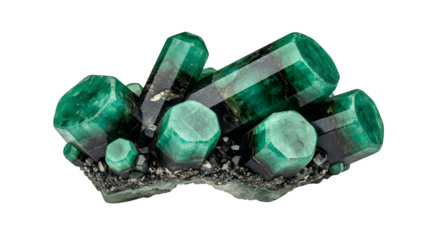A cluster of vibrant green emerald crystals on a dark matrix, isolated on transparent background, showcasing the beauty and rarity of this gemstone