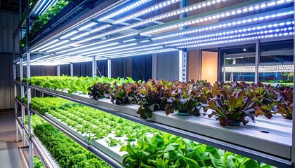 High Tech Urban Farm with Plants Growing Under LED Lights