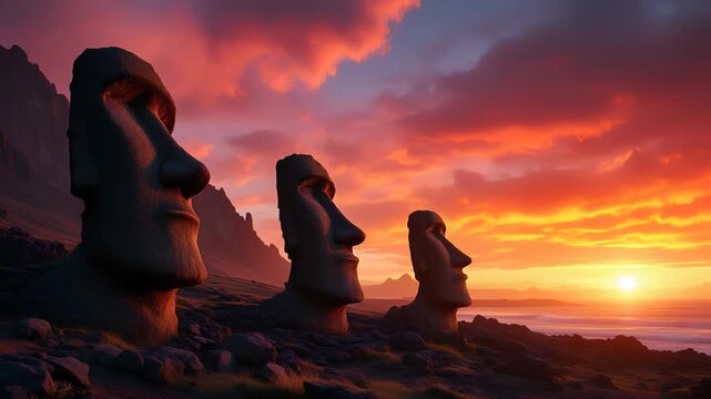 Moai Statues at Sunset on Easter Island with Stunning Clouds and Ocean View