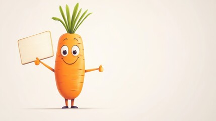 Cartoon carrot holding blank sign, friendly gesture, simple background, potential for food advertisement