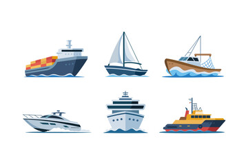 Sailing boat vector illustrations, modern yacht icons, ocean cruise graphics, fishing vessel set, water transport, maritime travel background design