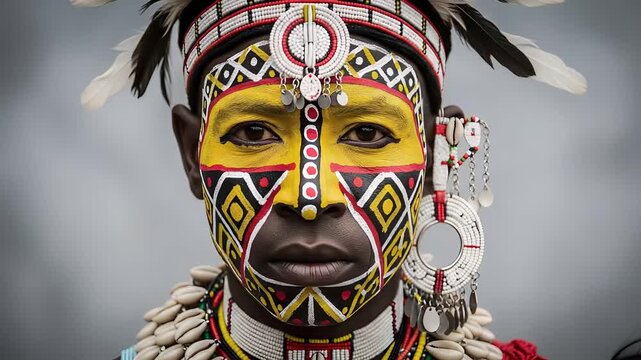 Portrait of a Vibrant Man with Colorful Face Paint and Traditional Adornments