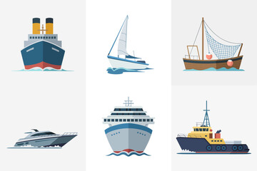 Fishing boat vector illustrations, yacht icons, cruise ship graphics, modern vessel set, maritime transport design, ocean sailing nautical travel background © RA Studio